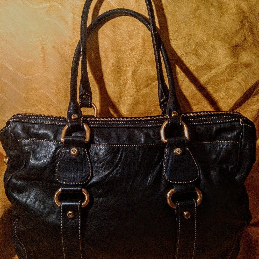 FRANCESCO BIASIA BLACK LEATHER SATCHEL HANDBAG AWESOME HARDWARE